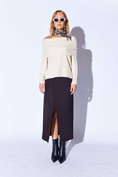 EDITION WOMAN Μαλακό γυναικείο πουλόβερ Madonna Collar Open Shoulder Stone - EK 100539428