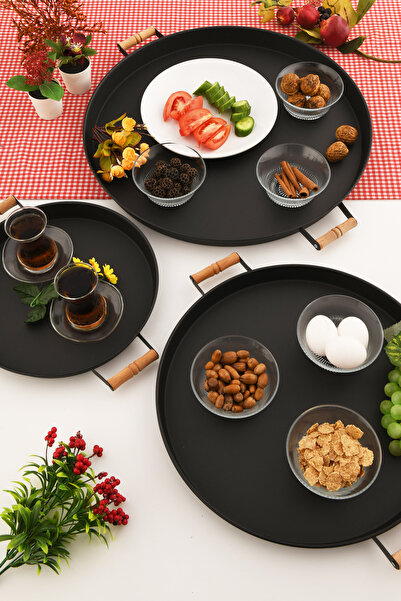AKSESUAR EVRENİ London 3-Piece (51, 37, 31 cm) Black Presentation Metal Serving Tray Set Breakfast Wooden Cup Treat Holder