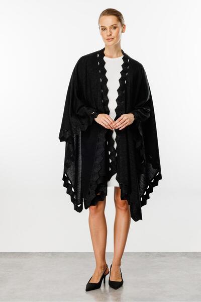 Butik Triko Mutlu Ertan Women's Zigzag Detailed Knitwear Cape Poncho Black-Blacksim 2044