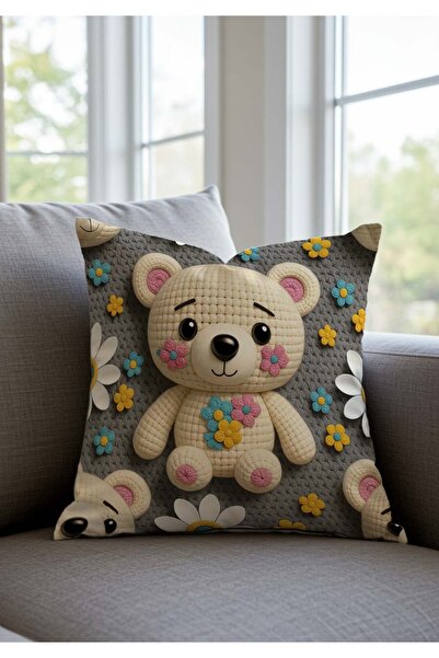 Sakallı Gray Cute Teddy Bear Children's Room Themed Digital Printed Decorative 4-Piece Throw Pillow Cover