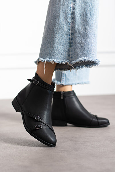 eformoda by emre yılmaz Siyah Siyah Kadın Tokalı Fermuarlı Rahat Bot Kaymaz Taban PTK013