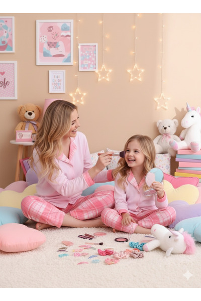ELİTOL Toz Pembe Ekose Desen Pamuklu Örme Uzun Kol Çocuk Düğmeli Pijama Takımı