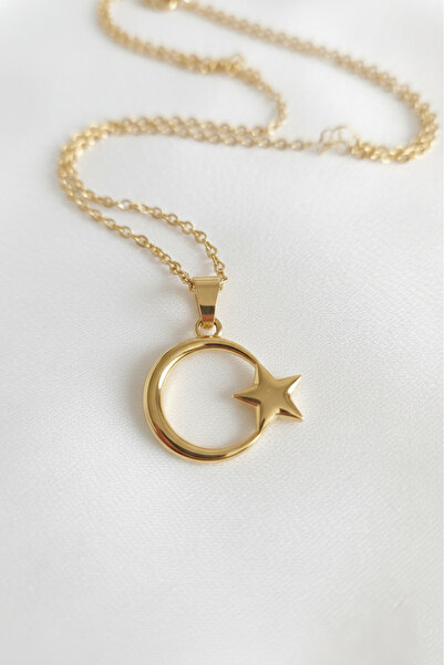 özgül takı ve tasarım Paslanmaz Çelik Altın Renk Ay Yıldız Kadın Kolye
