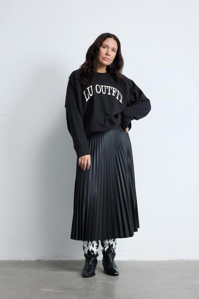 LUOKK CORA Deri Görünümlü Piliseli Büyük Beden Etek Siyah