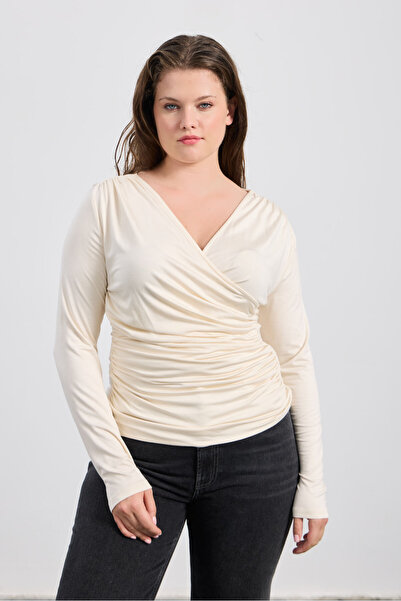LUOKK FORMAN V Yaka Uzun Kollu Drapeli Büyük Beden Bluz Ekru