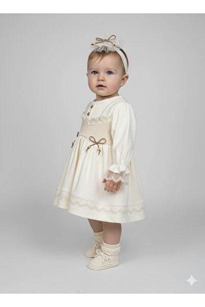 MONTİNA VINTAGE FIRFIR FİYONK DETAYLI PREMIUM BEBEK ELBİSESİ VE SAÇ BANDI
