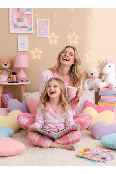 ELİTOL Toz Pembe Ekose Desen Pamuklu Örme Uzun Kol Çocuk Düğmeli Pijama Takımı