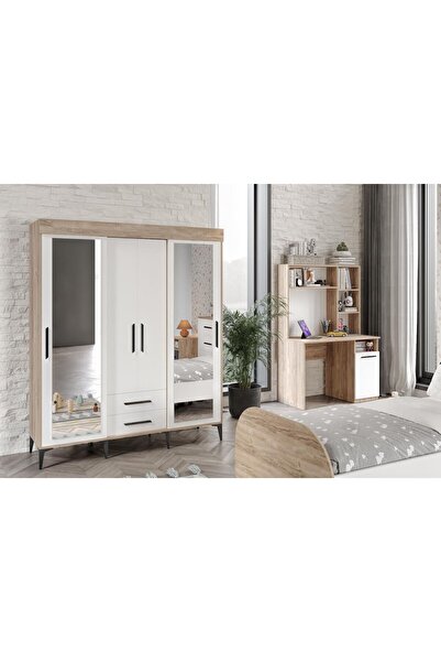 Afilli Ildır Çocuk Odası Takımı 4 Parça Tamamı Mdf Flora Beyaz Aynalı