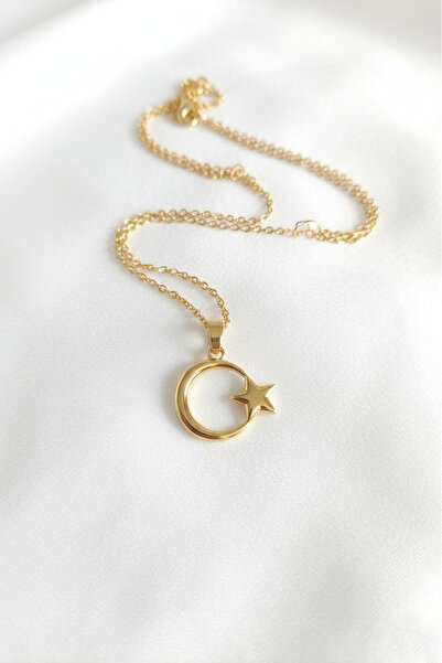 özgül takı ve tasarım Paslanmaz Çelik Altın Renk Ay Yıldız Kadın Kolye