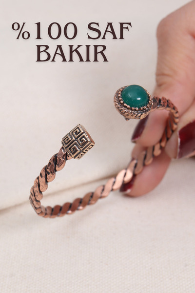 Süspüs Accessories Yeşil Akik Taşlı Saf Bakır Örgü Model Otantik Bilezik