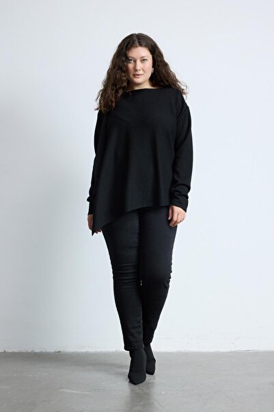 LUOKK ENA Uzun Kollu Büyük Beden Triko Şal Kazak Siyah