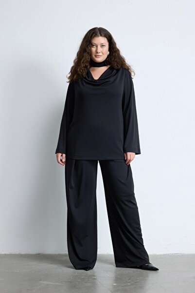 LUOKK LESS Şal Detaylı Yaka Uzun Kollu Dökümlü Büyük Beden Bluz Siyah