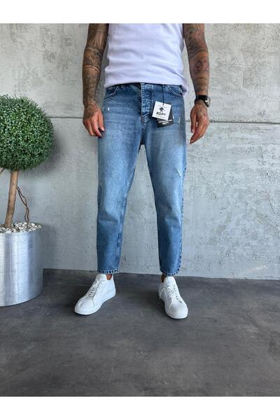 KağanKY Mavi Taşlamalı Lazer Detaylı Boyfriend Jean