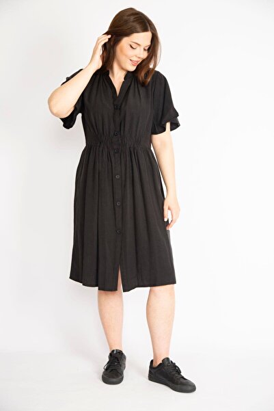 Şans Rochie de damă, neagră, mărime mare, cu nasturi în față, partea din talie, cu detalii din cauciuc 65n36355