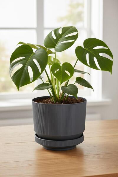 Bliss 6 Litre Antrasit Dekoratif Lüks Saksı İç Dış Mekan Tabaklı Plastik Çiçek Saksısı