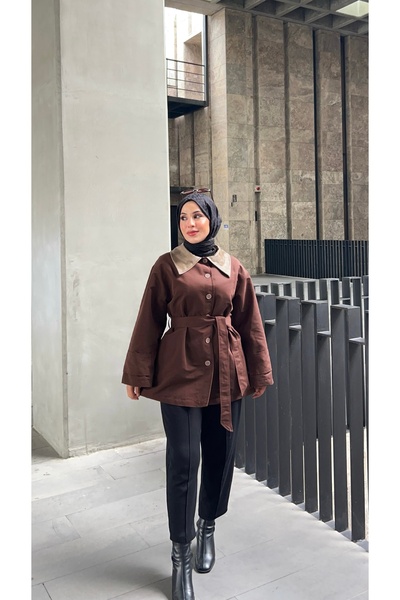 Niessa Butik Deri Yakalı Torino Kumaş Düğme Detaylı Trençkot