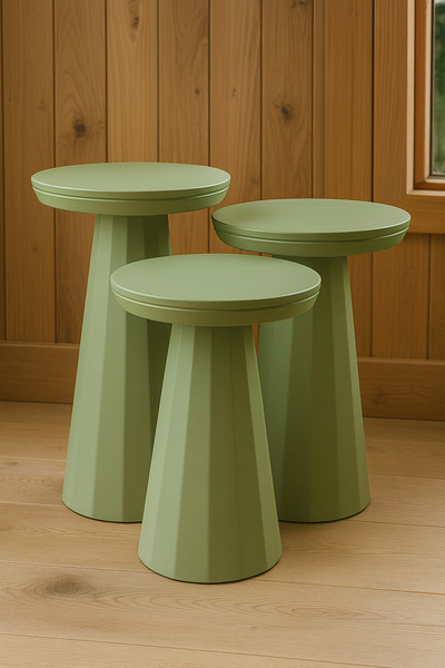 hedefixtoys Yeşil Modern Ahşap Vernikli Mantar Yan Sehpa – 3’lü Dekoratif Zigon Takımı