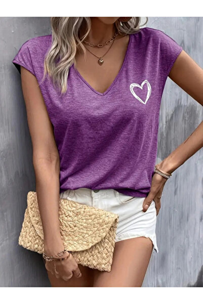 Cbm Women's Short Sleeve V Neck Heart Printed Viscose Blouse