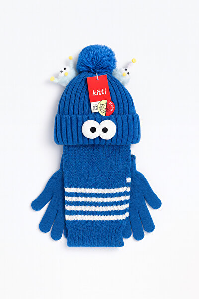 Uğur bebe Kitti Blue Set of 3 (4-8 Years) | Fleece-Lined Hat, Scarf, and Glove Set – Soft, Stylish!