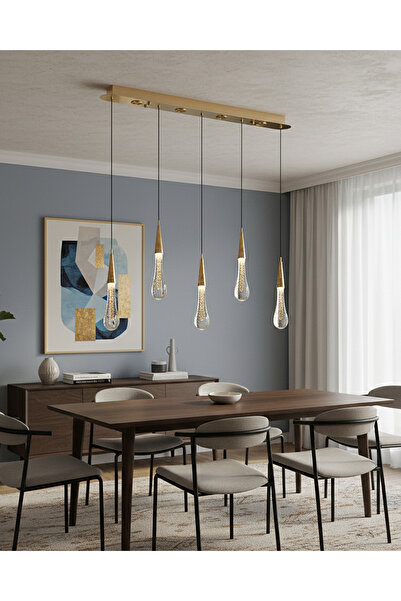 Özcan Aydınlatma 6026-5AS Misee 5'li Sıralı Sarkıt Gold Salon Mutfak Ofis