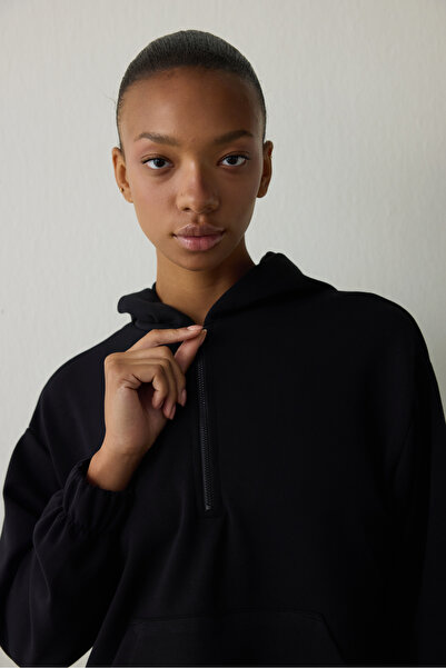 Penti Siyah Silky Feel Kapüşonlu Oversize Fermuarlı Sweatshirt