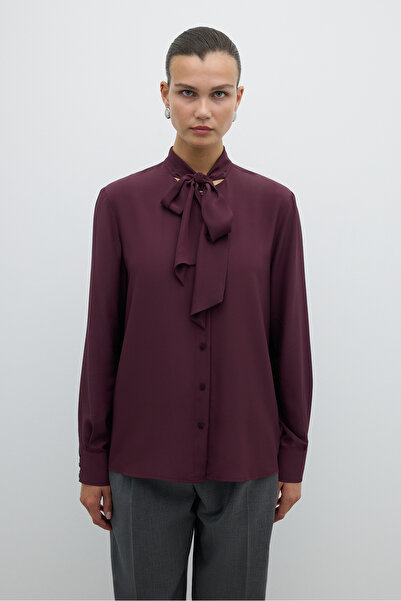 Roman Yakası Fular Detaylı Gömlek Bordo K2613523_008