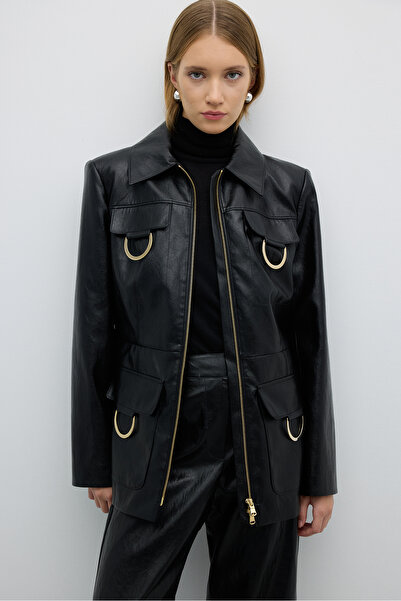 Roman Gold Metal Aksesuarlı Önü Fermuarlı Ceket Siyah K2516042_001