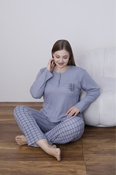Temporium Women's Winter Plus Size Embroidered Patterned Collar Buttoned Long Sleeve Pajama Set