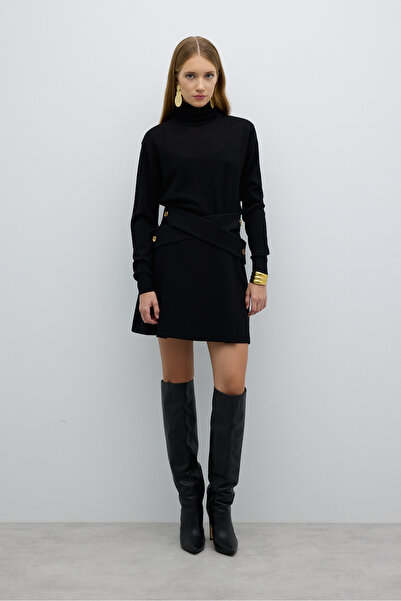 Roman Çift Kemer Görünümlü Gold Düğmeli Mini Etek Siyah K2515010_001