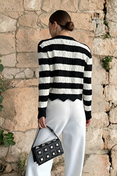 Moda Zeyn Жіночий чорний кардиган з ґудзиками та смужками