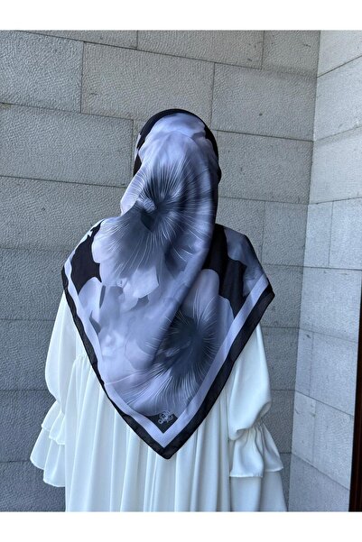 Qalortex Scarf Κασκόλ με βαμβακερό σχέδιο φλοράλ-Μαύρο/Ανθρακί