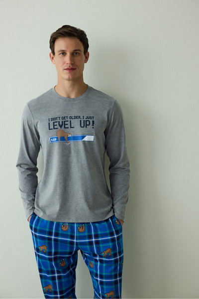 Penti Erkek Level Slogan Baskılı Bisiklet Yaka Uzun Kollu Pijama Takımı
