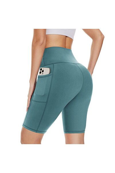 Vitra World Biker Shorts Women With Pockets 8" High Waisted Workout Spandex Tummy Control Gym Running Teal Green