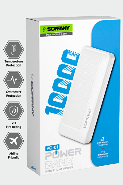 Soffany AG01-001 10.000 mAh P.Bank 2 Type-C + 1 USB Girişli Beyaz
