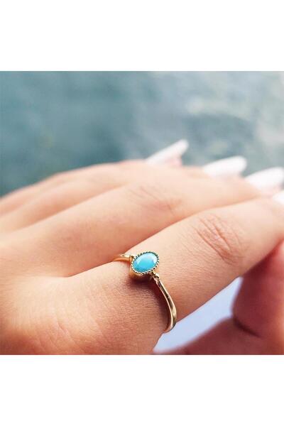 FasekGold Tektaş Altın Yüzük - 14 Ayar Altın 0.35 Karat Turkuaz Doğal Taşlı T...