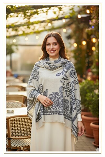 Hazard Șal cu model de tăiere cu piatră crem-albastru închis