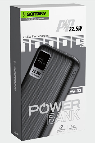 Soffany AG03-002 10.000 mAh P.Bank 22.5W 2 Type-C + 1 USB Çıkışlı Siyah