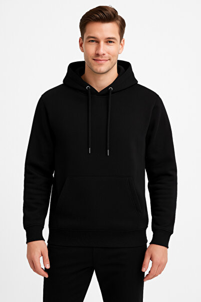 KaeLaurean Чоловічий чорний бавовняний базовий худі з капюшоном, 3 нитки
