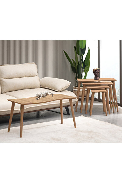 vovvahome SALSA 4LÜ DÖRTLÜ MDF AHŞAP ZİGON SEHPA VE ORTA SEHPA SETİ - MEŞE