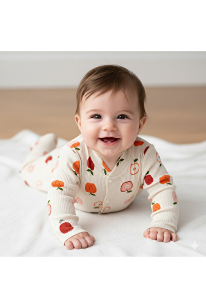 Nayinom Baby Girl Baby Boy Newborn Cotton 0-6 Months Apple Patterned Baby Romper with Booties