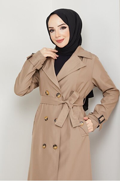 InStyle Μπεζ καμπαρντίνα με διπλό στήθος με φόδρα με ζώνη