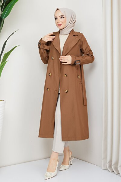 InStyle Double Breasted Collar Belted Lined Tan Trench Coat