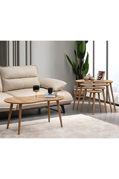 vovvahome MOON 4LÜ DÖRTLÜ MDF AHŞAP ZİGON SEHPA VE ORTA SEHPA SETİ - MEŞE