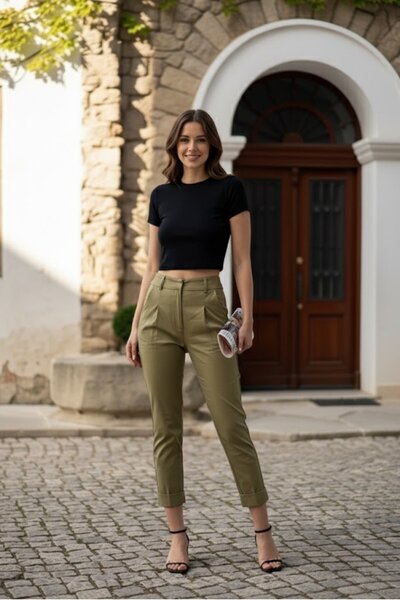 Ravencia Women's High Waist Pleated Khaki Trousers