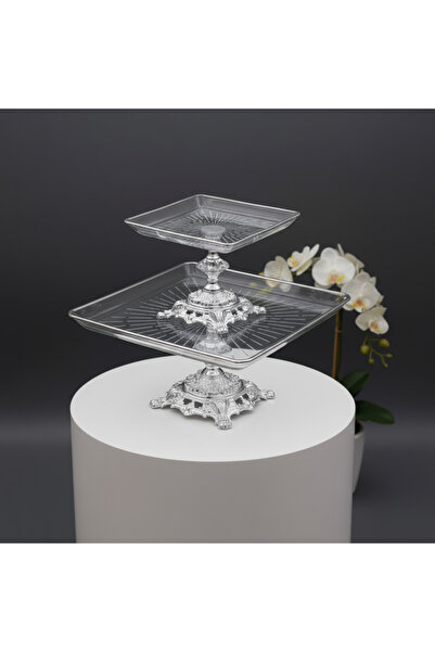 Elta Collection Paşabahçe Gümüş 2 Li Kare Döküm Ayaklı Pasta Sunumluk Kurabiyelik