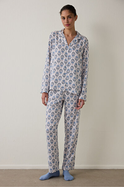 Penti Açık Mavi Blue Flowers Uzun Kollu Gömlek Pijama Takımı