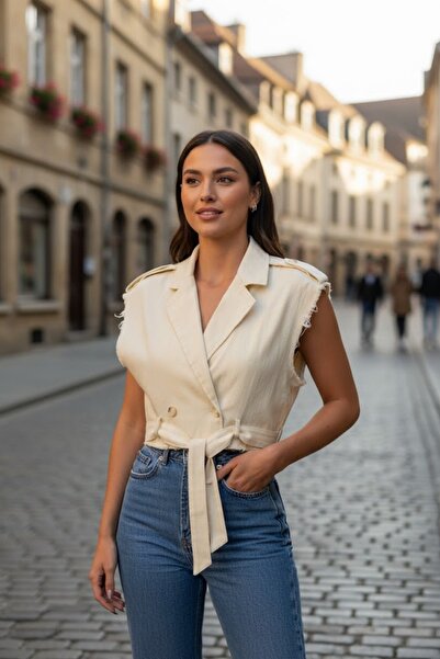 Ravencia Women's Pocket Detailed Jacket Collar Buttoned Belted Vest