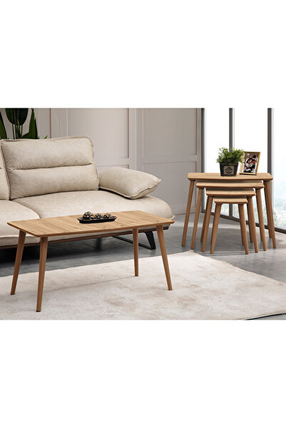 vovvahome VEGA 4LÜ DÖRTLÜ MDF AHŞAP ZİGON SEHPA VE ORTA SEHPA SETİ - MEŞE