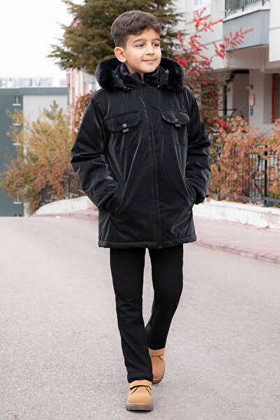 Cansın Mini Siyah Çıtçıtlı Göğüs Cepli İçi Kürklü Erkek Çocuk Kapüşonlu Mont 21349