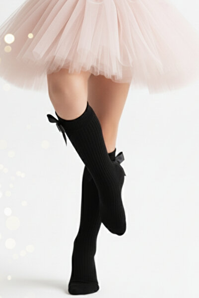Parla Kids Момичешки чорапи до коляното с панделка / Черни AR-0090.2